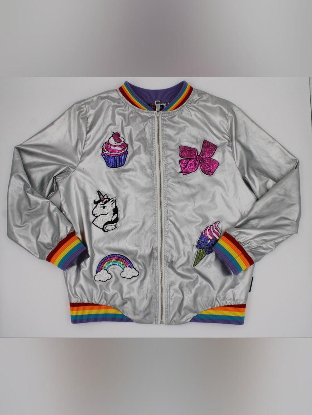 JoJo Siwa Nickelodeon Girls Silver Rainbow Sequin Bomber Jacket Size 14/16 XL - Picture 1 of 8